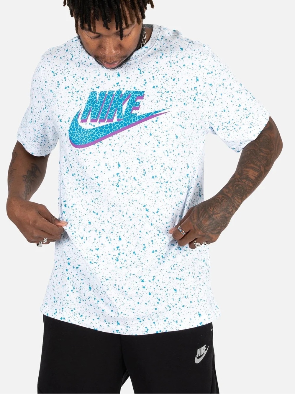 Nike Sportswear Print Pack Swoosh Paint Splatter T-Shirt White & Blue Large